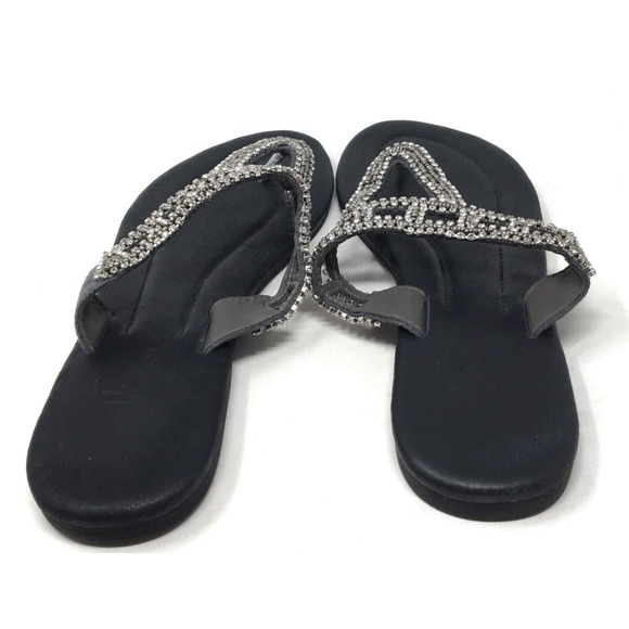 Skemo Adriana Women's Size 7 Black Leather Crystal Thong Sandals Shoes - Picture 6 of 7